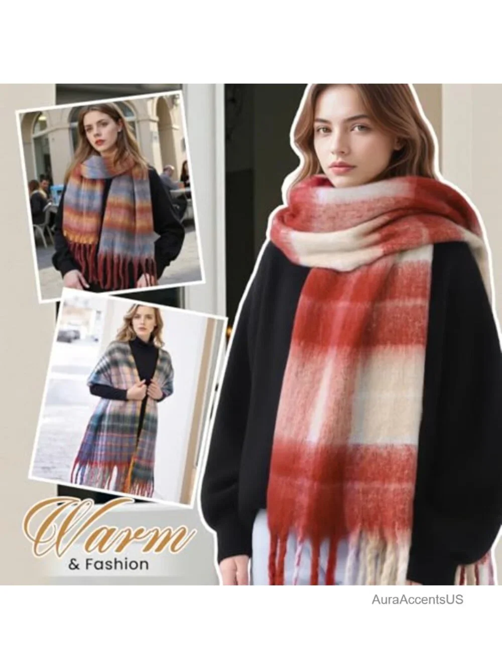 Women's Plaid Knit Winter Scarf Oversized Shawl Wrap Tassel